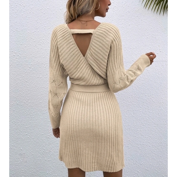 Knit Drop Shoulder Belted V Neck Sweater Dress - Picture 3 of 9